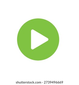 A minimalist flat design vector illustration of a circular green play button with a white triangle. Ideal for video player interfaces, multimedia apps, website navigation, and digital content start icons.