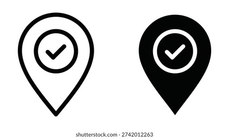 Minimalist flat design vector illustration of a location pin with a checkmark, symbolizing success, completion, or destination reached in a clean, scalable graphic style.