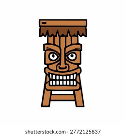 Minimalist flat design vector illustration of a tiki mask stool, featuring bold tribal patterns and a stylized wooden texture. Ideal for cultural branding, Polynesian-themed projects, or modern graphic design.