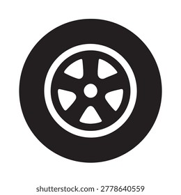 Minimalist flat design vector illustration of a car wheel with a five-spoke pattern in black and white.