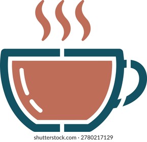 Minimalist flat design vector illustration of a hot coffee or tea cup with steam. Features a dark teal stencil outline and terracotta brown fill. Concept of cafe menu, morning beverage, and break.