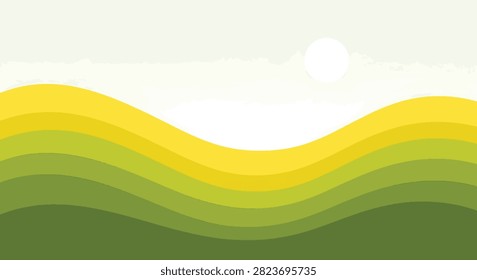 Minimalist flat design vector illustration of undulating ridges in layered shades of green and yellow with a white circular sun against a light background landscape composition.
