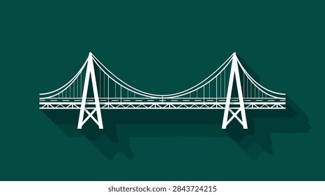 A minimalist flat design vector illustration featuring a white geometric suspension bridge. The graphic includes two A-frame towers, stylized suspension cables, and a road deck with lane markings and support trusses. The entire structure casts a long diagonal shadow against a solid dark green or teal background, emphasizing a clean and modern architectural concept.