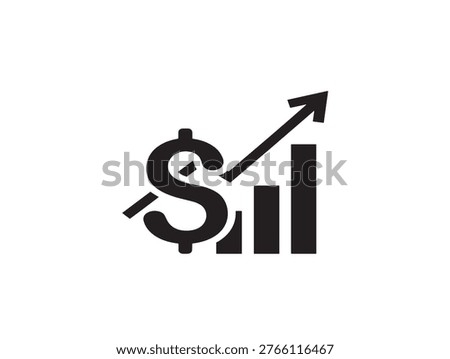 Minimalist flat design vector illustration of a dollar sign with an upward arrow, symbolizing financial growth, investment success, and economic prosperity for business and marketing use.