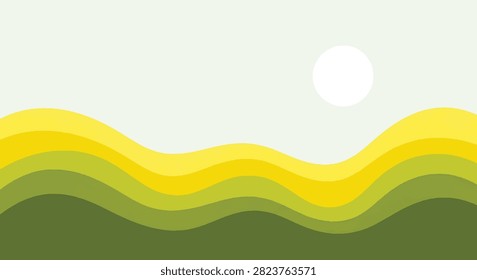 Minimalist flat design vector landscape featuring undulating green and yellow ridges under a pale sky with a white sun. Abstract paper-cut style hills and valleys composition.