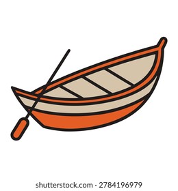 Minimalist flat design vector of small rowing boat on river with nature background and serene atmosphere