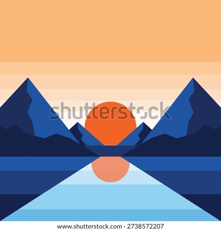 Minimalist flat design of a vibrant sunset over calm blue water and dark blue mountains isolated on transparent background