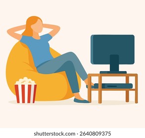 Minimalist Flat Design Woman Relaxing on Bean Bag Watching Television Entertainment Illustration