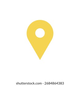 A minimalist, flat design of a yellow map marker or location pin with a white circle inside, set against a plain white backdrop.