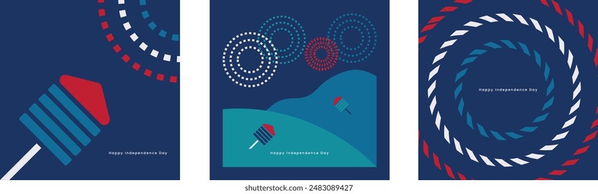 Minimalist Flat Designs with Red White and Blue Fireworks to Celebrate Independence Day