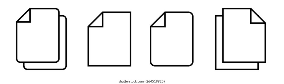 Minimalist flat document icon set in outline style showing four different types of file formats, ideal for user interface design, apps, web, and software illustration in EPS 10 vector format.