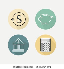 Minimalist Flat Finance Icon Set Including Dollar Sign, Piggy Bank, and Credit Card