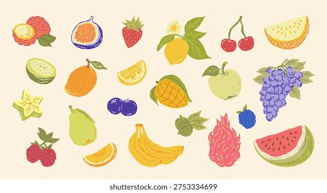 Minimalist flat fruits vector illustration. Natural tropical fruits. Hand drawn dragon fruit, pineapple, citrus, banana, fig, apple, grape, lemon, strawberry, watermelon, gooseberry, melon,tangerine. Vector illustration.