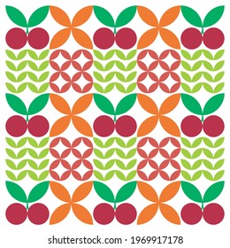 Minimalist flat geometric fruit artwork poster with colorful simple shapes. Abstract cherry and leaf vector pattern design in Scandinavian style on white background.