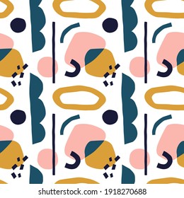 Minimalist flat geometric shapes seamless pattern. Trendy pastel color shape minimal background design. Abstract decoration wallpaper, artistic cubism current symbols.