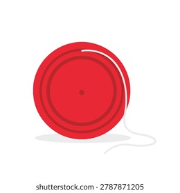 A minimalist flat graphic design of a round red yo-yo with a white string wrapped around it, isolated on a white background.