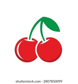 A minimalist flat graphic icon depicting two bright red cherries attached to a green stem with a single leaf on a clean white background