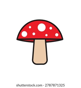 A minimalist flat graphic icon of a single red mushroom with white spots and a beige stalk isolated on a white background