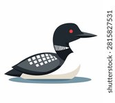 A minimalist flat graphic of a loon bird with a black and white patterned body and red eye floating on a simple blue water shape