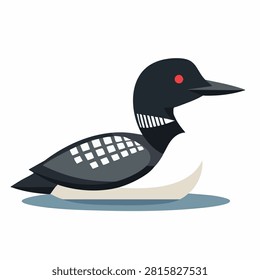 A minimalist flat graphic of a loon bird with a black and white patterned body and red eye floating on a simple blue water shape