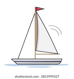 A minimalist flat graphic of a small sailing boat featuring a white sail and a red flag on a mast isolated on a white background