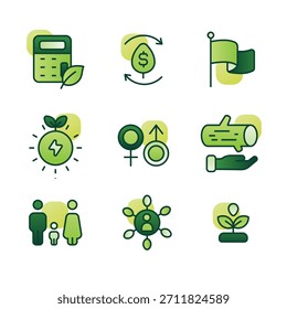 Minimalist flat green icon set for sustainability, ESG, renewable energy, and corporate responsibility.
