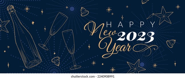 Minimalist flat happy new year 2023 with hand drawn line art champagne bottle and glasses