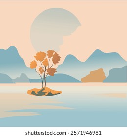 Minimalist flat harmony serene scene landscape vector illustration