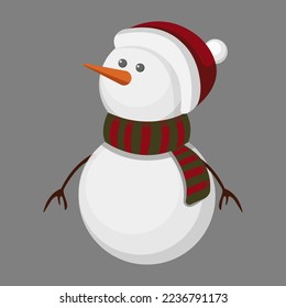 Minimalist flat holiday illustration. Little snowman standing in a scarf and a hat. Celebration, christmas, winter, fairy tale.