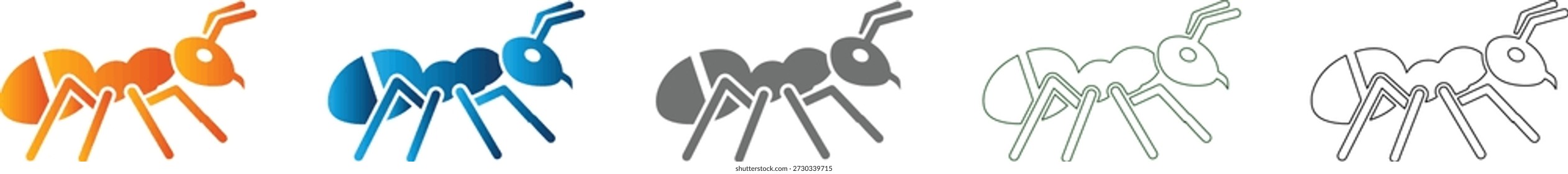 A minimalist flat icon of an ant, part of a professional insect icon set. Clean solid black vector art isolated on white background.
