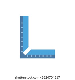 Um ícone plano minimalista de um quadrado de conjunto azul, representando a construção e a medida, definido contra um fundo preto.