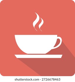 Un icono plano minimalista que representa una taza humeante de bebida caliente, como café o té. La taza y el platillo de silueta blanca se colocan sobre un fondo cuadrado rojo con un efecto de sombra largo, que simboliza la calidez, el confort y las bebidas calientes en un estilo moderno de UI y Diseño gráfico.