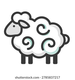 A minimalist flat icon design featuring a simple white sheep with curly wool texture and a soft gray face isolated on a white background