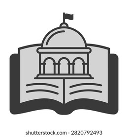 A minimalist flat icon featuring a capitol building dome atop an open book. This symbol represents legal studies, constitutional education, history and civics.