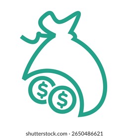 Um ícone plano minimalista com um símbolo de dólar dentro de um saco estilizado, simbolizando finanças, moeda e riqueza. Ideal para aplicativos e serviços financeiros.