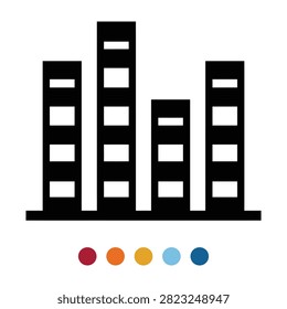 A minimalist flat icon featuring four skyscrapers of varying heights on a foundation, symbolizing urban cityscapes, real estate development, and modern architecture.