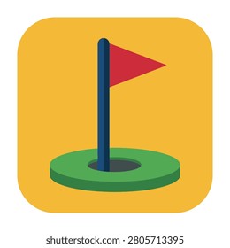 A minimalist flat icon featuring a golf hole with a red flag pole. This simple sports symbol is perfect for golf course apps, game UI design, or leisure activities.