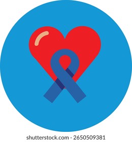 A minimalist flat icon featuring a heart intertwined with a ribbon, symbolizing love, support, or awareness. Clean lines and simple shapes.