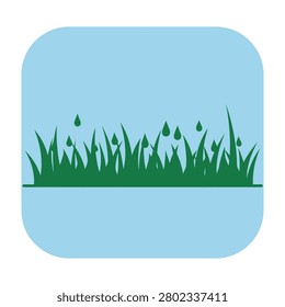 A minimalist flat icon featuring a lush green grass meadow with falling rain drops against a soft light blue background. Perfect for weather, nature, or eco themes.
