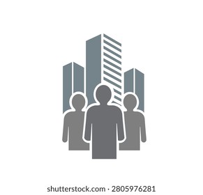 A minimalist flat icon featuring silhouettes of three business people standing in front of tall city buildings