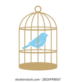A minimalist flat icon featuring a small blue bird sitting inside a classic gold wire birdcage. Simple design element for nature, pet, or freedom concept art.