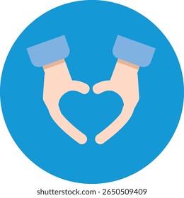 A minimalist flat icon featuring a stylized hand gently cradling a heart, symbolizing love, care, and compassion in a clean, modern design.