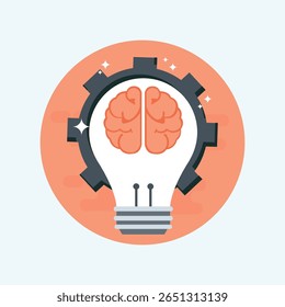 Un icono minimalista y plano con un cerebro estilizado integrado con una rueda dentada, que simboliza la inteligencia, la mecánica, la innovación y la resolución de problemas en un diseño limpio y moderno.