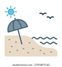 A minimalist flat icon featuring a sunny beach scene with a parasol, sandy shore, ocean waves, and birds in the sky, perfect for summer travel and vacation themes.