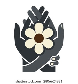 A minimalist flat icon featuring two dark grey hands gently cupping a simple light-colored flower. Represents nature conservation, organic care, and sustainability.