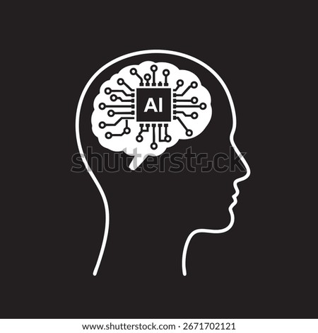 Minimalist flat icon of human head silhouette with AI microchip inside the brain, circuit lines branching outward, futuristic technology symbol	
