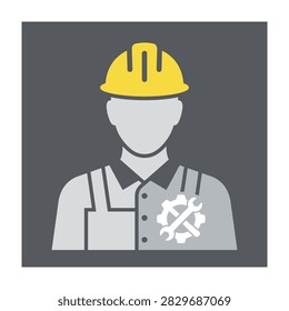 Minimalist flat icon illustration of a construction worker wearing a yellow helmet and overalls with crossed gears, symbolizing engineering and industrial repair.
