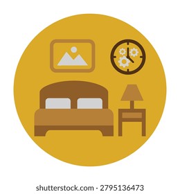 A minimalist flat icon representing a cozy bedroom setting featuring a comfortable bed, a side table with a lamp, a wall picture frame, and a clock with gear icons.