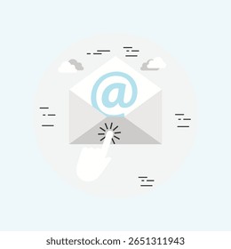 Ein minimalistisches flaches Symbol, das eine E-Mail-Click-Aktion darstellt, die mit klaren Linien und einfachen Formen entworfen wurde und sich für digitale Schnittstellen und Marketing eignet.