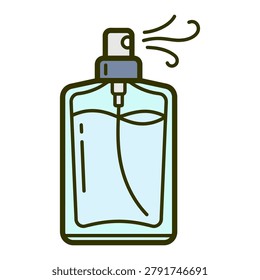A minimalist flat icon representing a glass perfume or cologne spray bottle with a mist effect emanating from the nozzle.